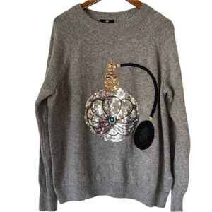 H&M Women’s Sequin Perfume Bottle Gray Crewneck  Sweater Alpaca Blend Soft Sz M